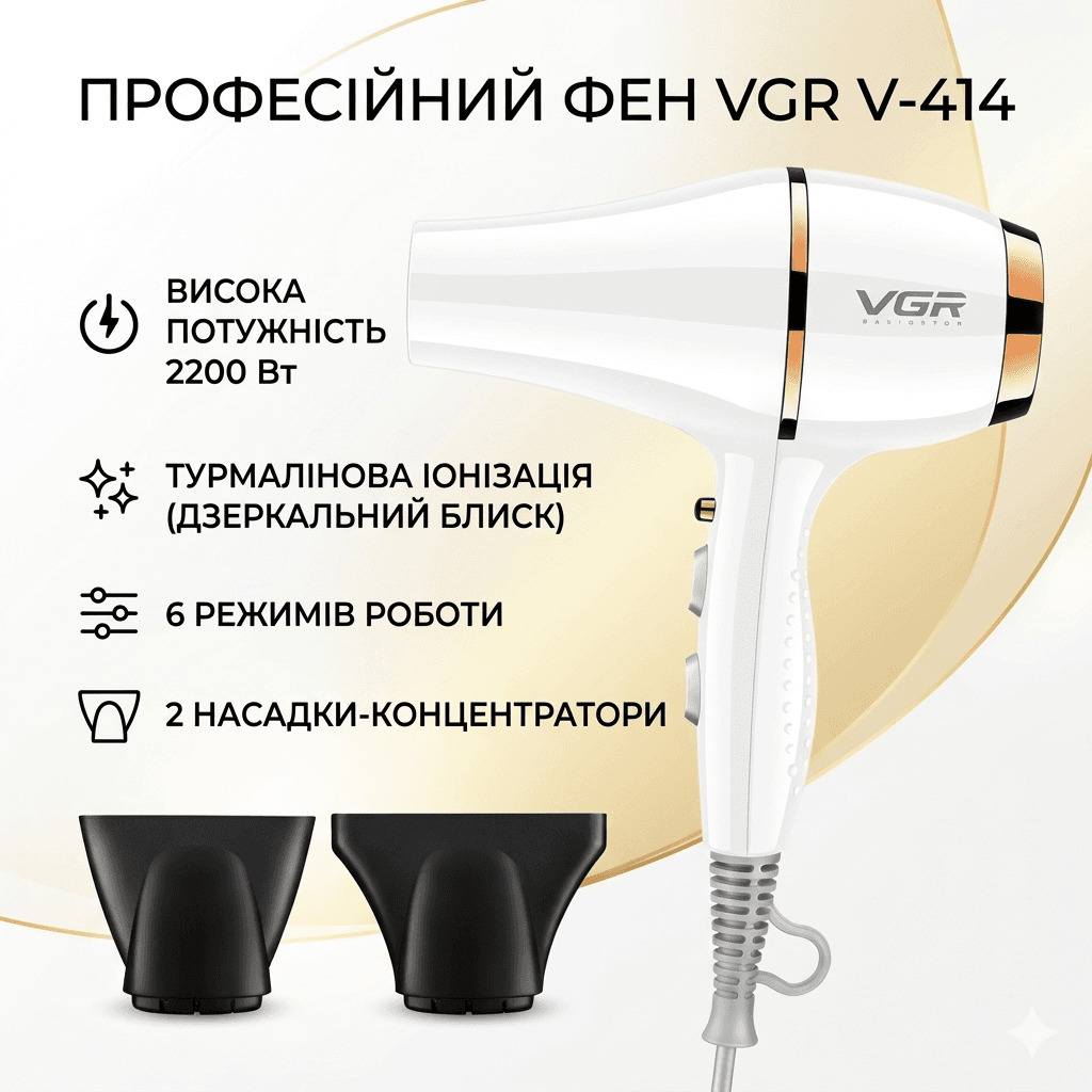 Професійний фен для волосся VGR V-414 з іонізацією і насадками (2200 Вт)