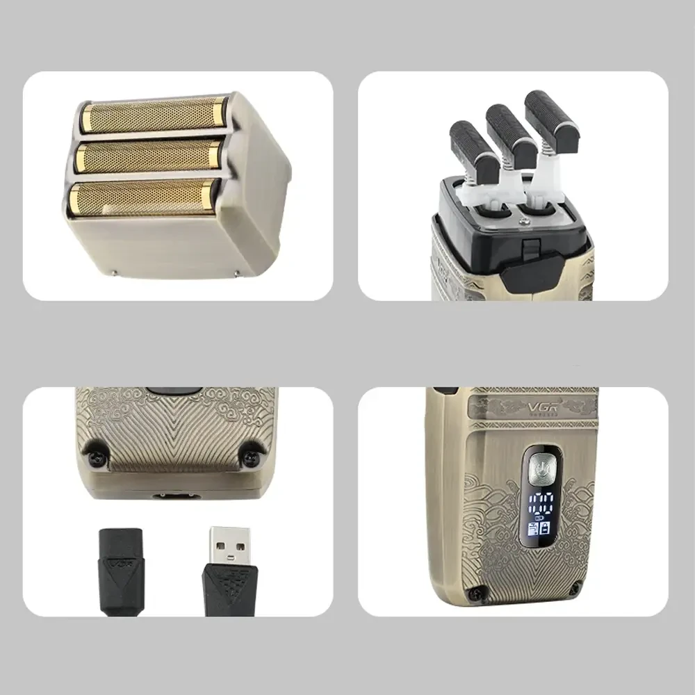 Електробритва шейвер VGR V-335 від USB, з LED-дисплеєм, Золотистий/Професійна бритва з трьома ножовими блоками