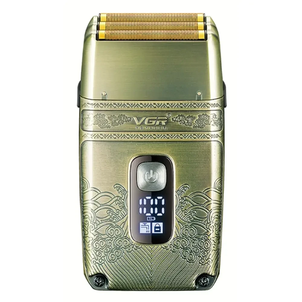 Електробритва шейвер VGR V-335 від USB, з LED-дисплеєм, Золотистий/Професійна бритва з трьома ножовими блоками