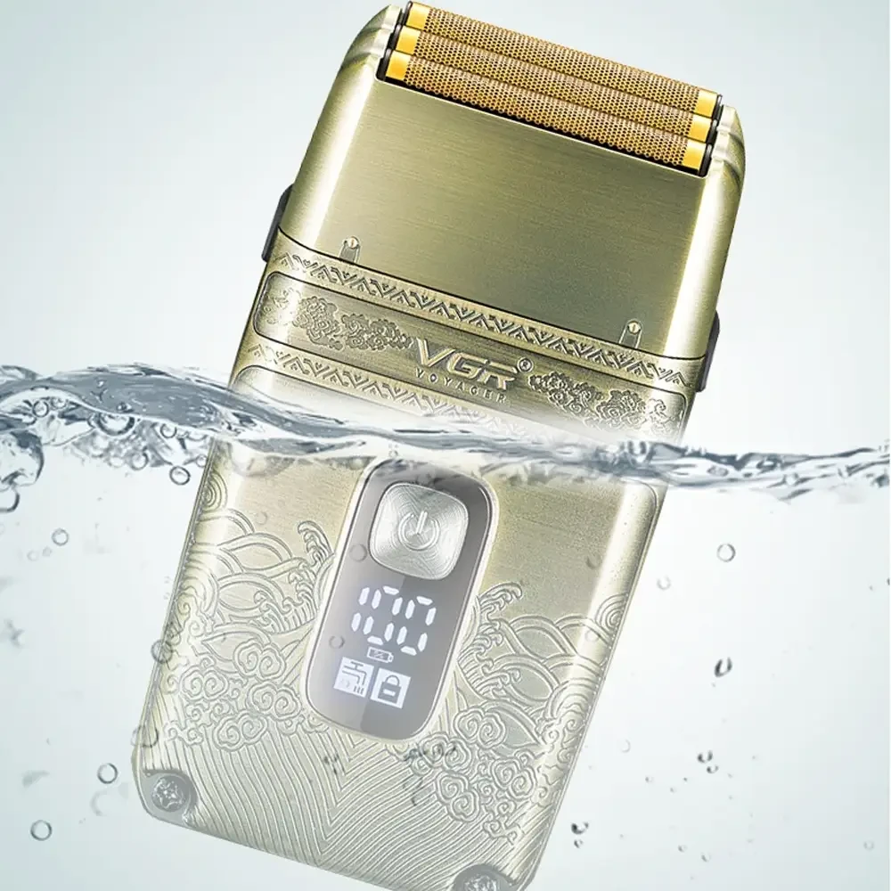 Електробритва шейвер VGR V-335 від USB, з LED-дисплеєм, Золотистий/Професійна бритва з трьома ножовими блоками