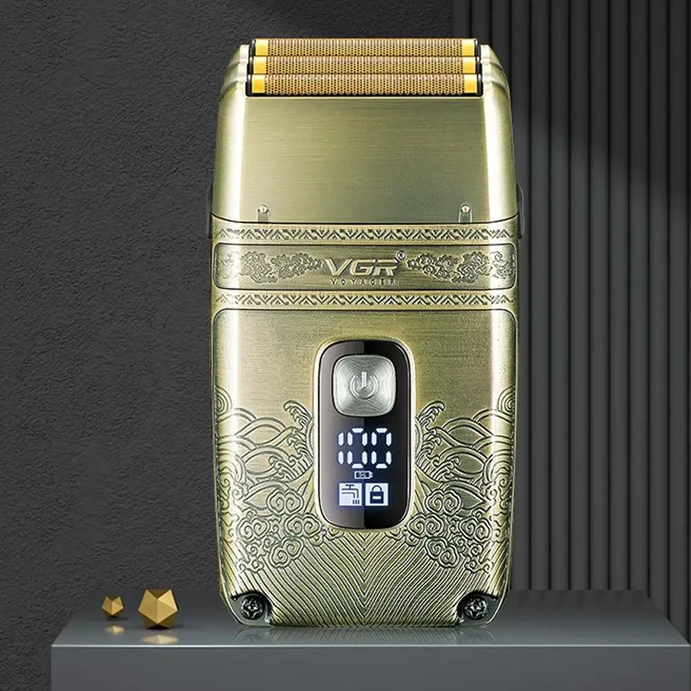 Електробритва шейвер VGR V-335 від USB, з LED-дисплеєм, Золотистий/Професійна бритва з трьома ножовими блоками