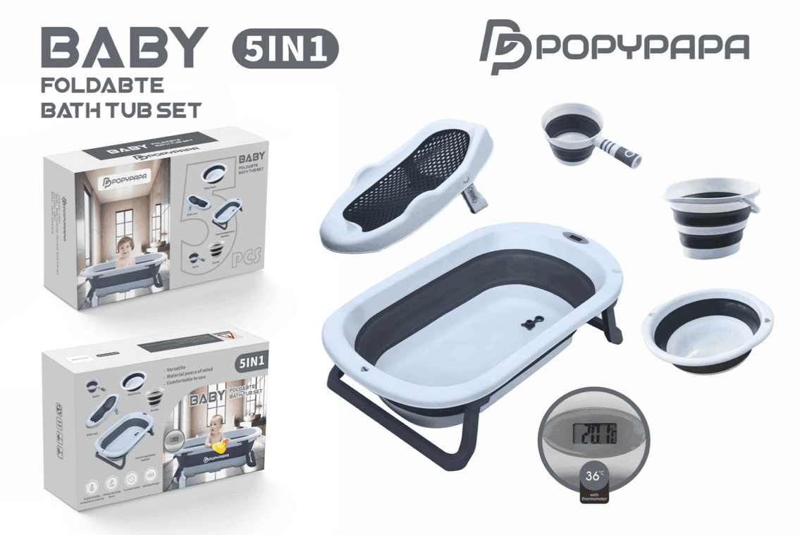 Дитячий набір для купання PopyPapa Baby 5-в-1 | Складана дитяча ванночка зі стійкою | Сидіння для купання новонароджених