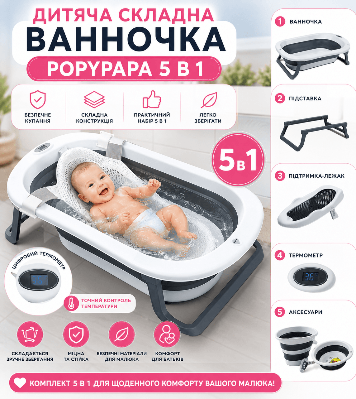 Дитячий набір для купання PopyPapa Baby 5-в-1 | Складана дитяча ванночка зі стійкою | Сидіння для купання новонароджених