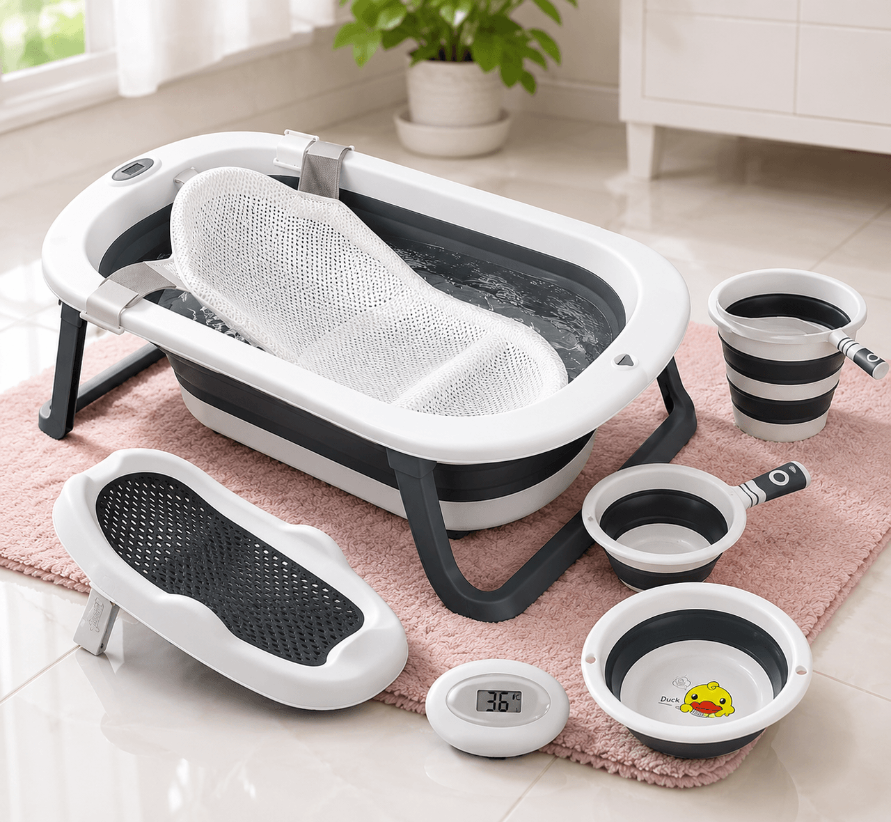 Дитячий набір для купання PopyPapa Baby 5-в-1 | Складана дитяча ванночка зі стійкою | Сидіння для купання новонароджених