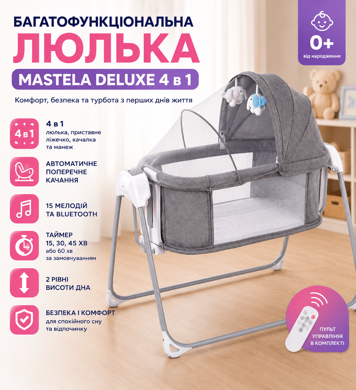 Багатофункціональна люлька Mastela Deluxe 4 в 1/ Комфортне безпечне дитяче ліжечко/для малюка з функцією гойдання