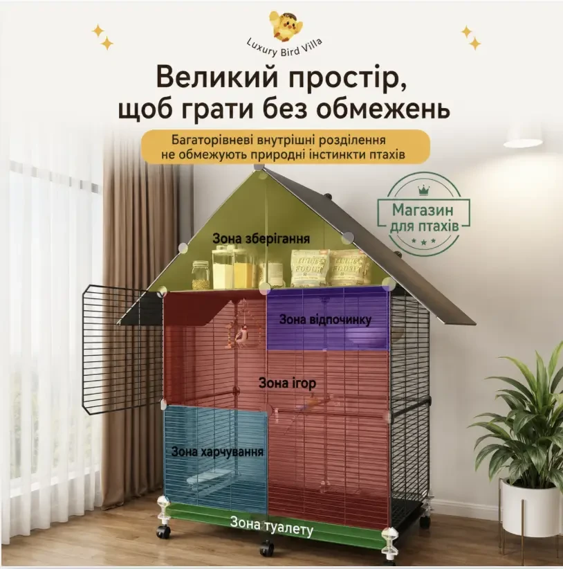 Велика металева клітка для птахів 74×37×152 см на колесах із дахом + іграшки/Клітка для папуги канарки/Віль’єр для птахів