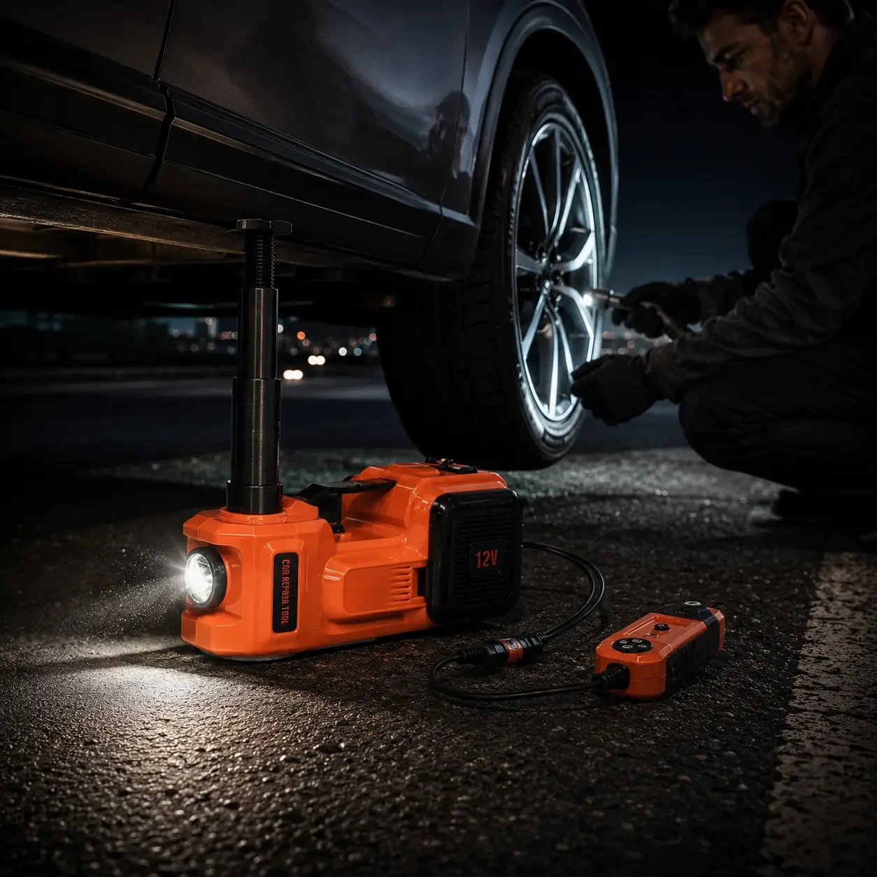 Набір 3в1 електродомкрат, компресор і ліхтар, 180 W, 12 V, 3.5 т, ZSY01-X, Жовтогарячий/Електричний домкрат для авто