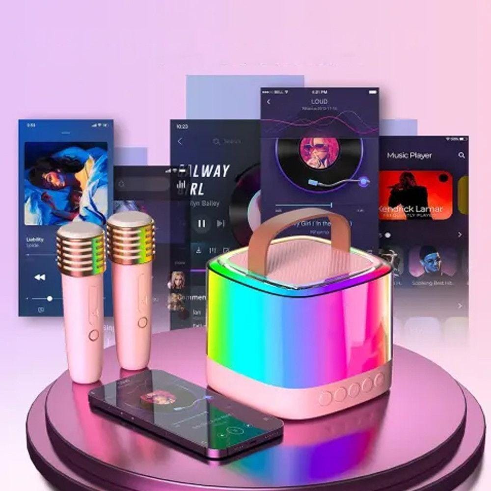 Портативна колонка-караоке + 2 мікрофони, Bluetooth, USB, TF, AUX, T7, Рожевий / Бездротова колонка / Блютуз колонка