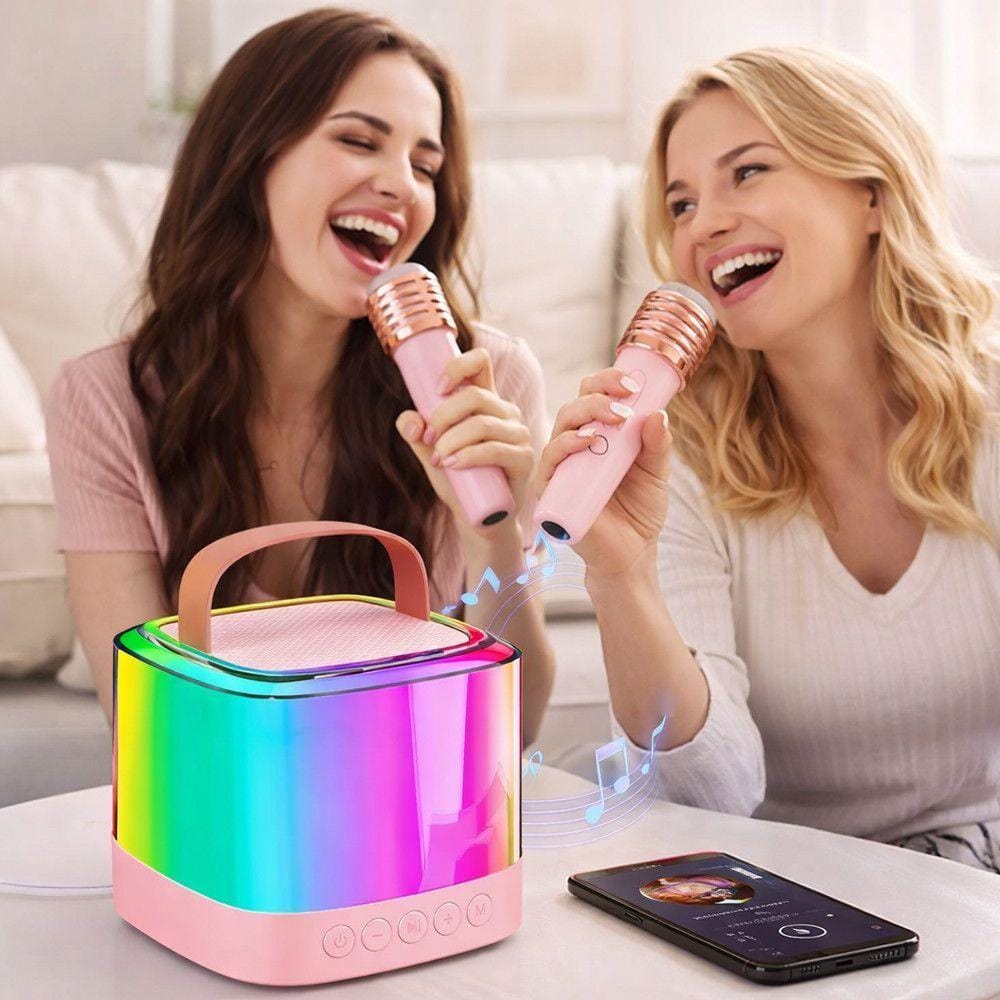 Портативна колонка-караоке + 2 мікрофони, Bluetooth, USB, TF, AUX, T7, Рожевий / Бездротова колонка / Блютуз колонка