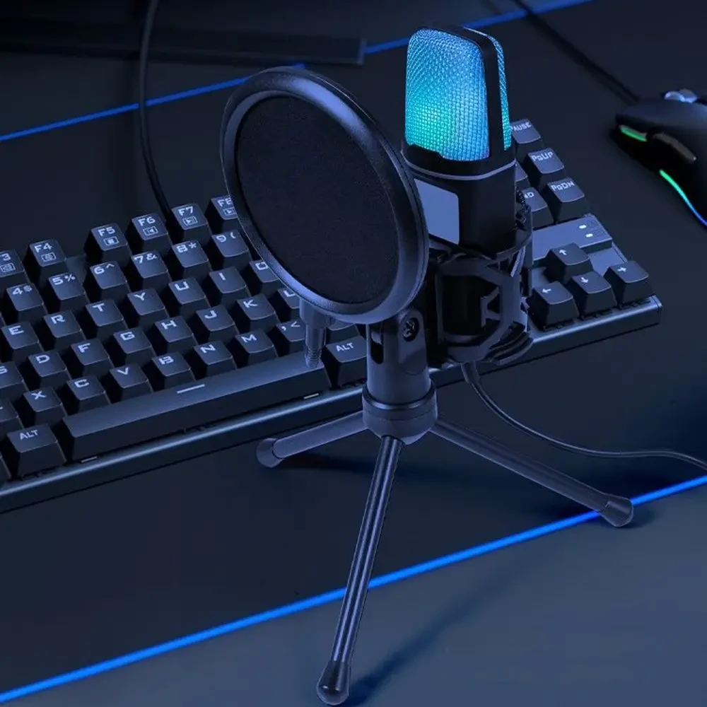Конденсаторний мікрофон із попфільтром і RGB-підсвіткою, від USB, Чорний/Ігровий мікрофон для ПК/ Мікрофон для подкастів