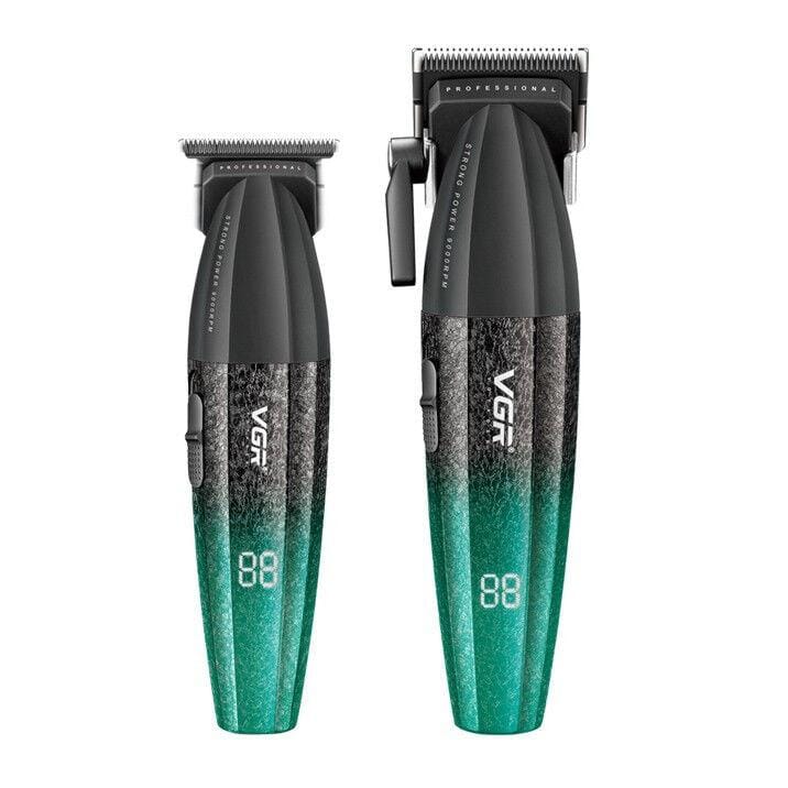 Набір для стриження VGR V-640 GREEN 2 в 1, акумуляторна машинка для волосся та тример з LED-дисплеєм, USB-C зарядкою й насадками