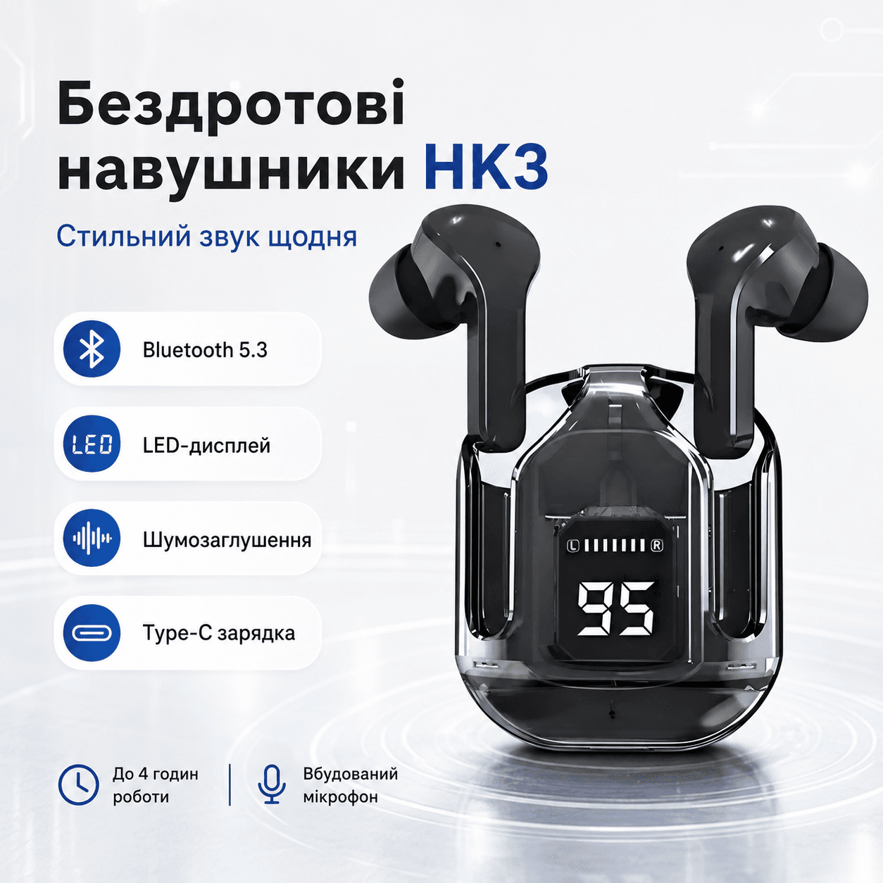 Бездротові Bluetooth-навушники HK3 TWS вакуумні з LED-дисплеєм, шумозаглушенням, мікрофоном, ігровим режимом і зарядним