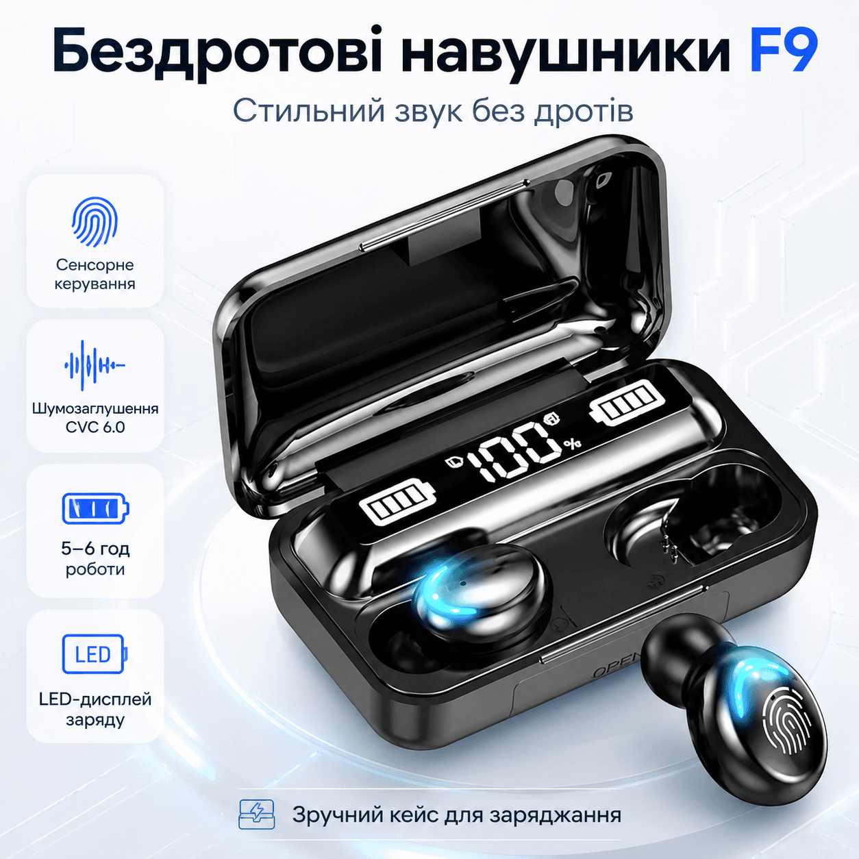 Навушники бездротові F9 з Bluetooth і зарядним кейсом, Чорні/Навушники вакуумні з дисплеєм
