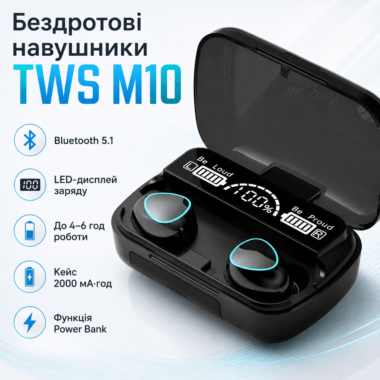 Бездротові Bluetooth-навушники з дисплеєм і мікрофоном TWS M10, Чорний/Блютуз навушники з функцією PowerBank
