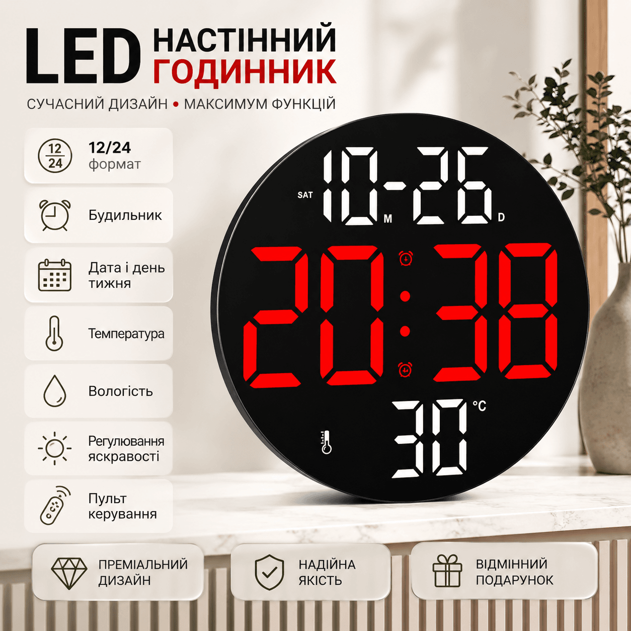 Цифровий настінний LED-годинник SM-602 з будильником, пультом керування, датою, днем тижня, температурою, вологістю