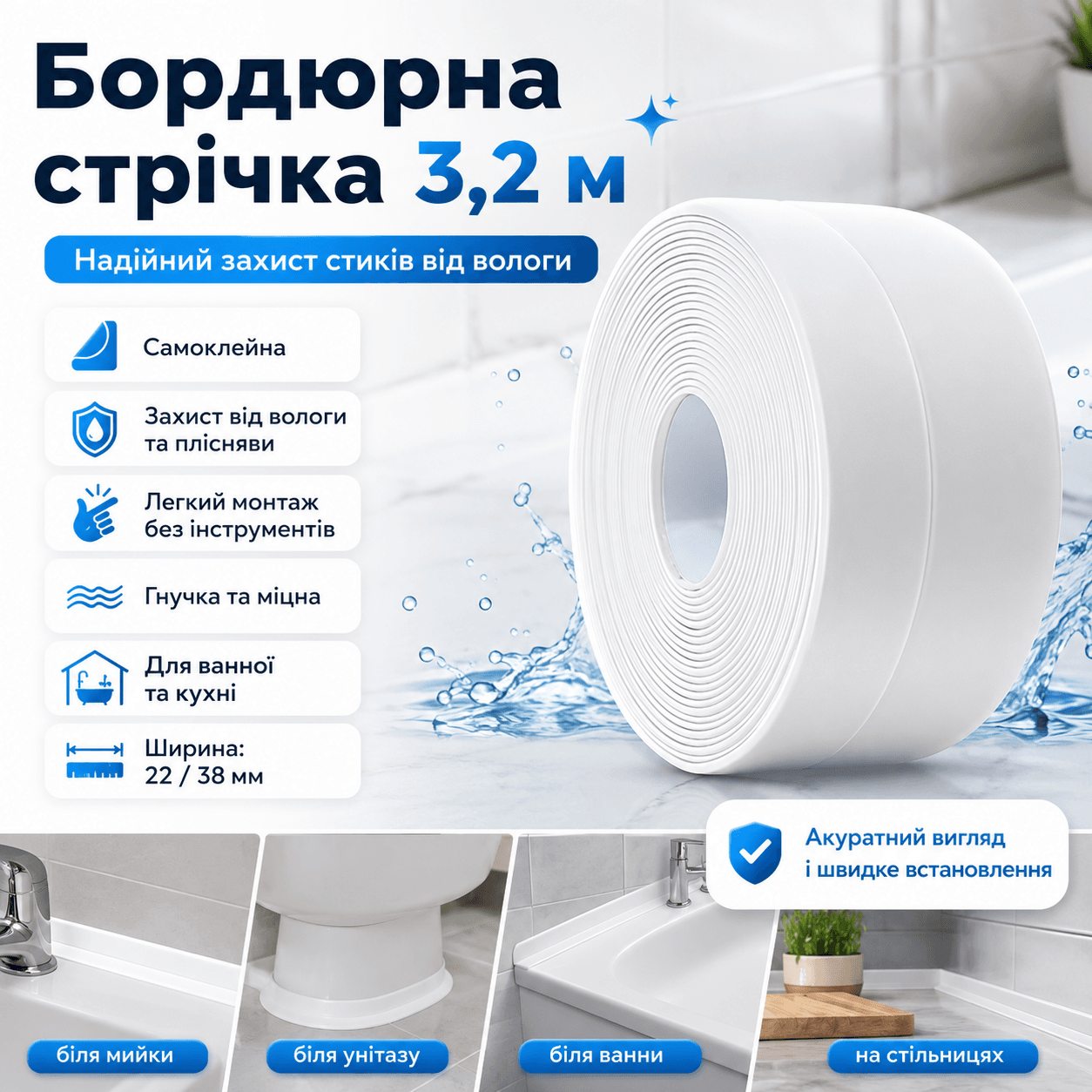 Самоклейна водонепроникна бордюрна стрічка 3.2 м х 38 мм, Білий/Клейка стрічка для ванн і раковин/пільта ізолятор для кухні
