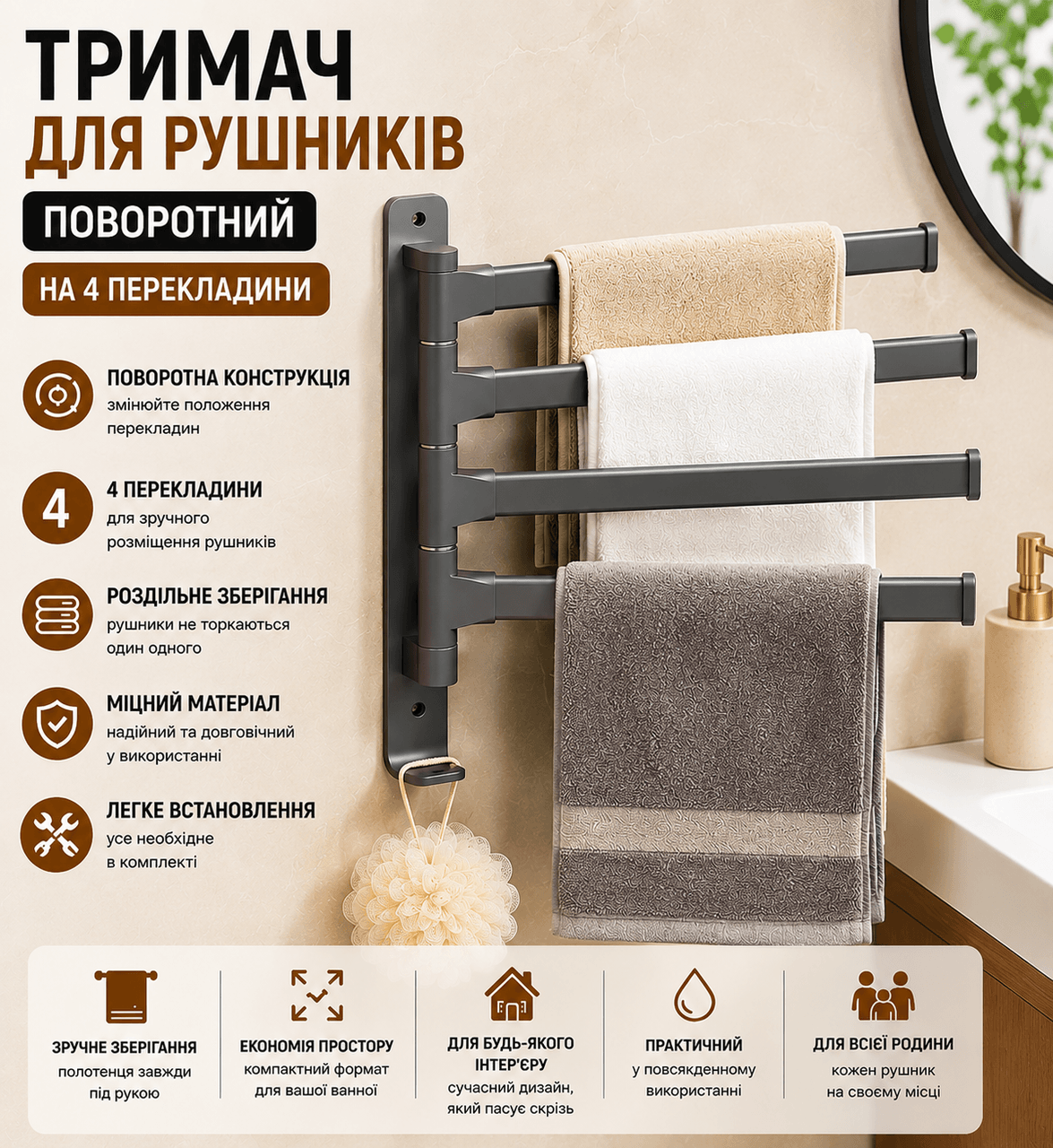 Поворотний тримач для рушників на 4 перекладини, що обертається вішака для рушників у ванну на 4 планки