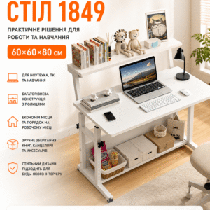Комп’ютерний стіл 1849 білий 60×60×80 см Стіл для ноутбука, навчання та роботи 1849 з полицями для дому та офісу