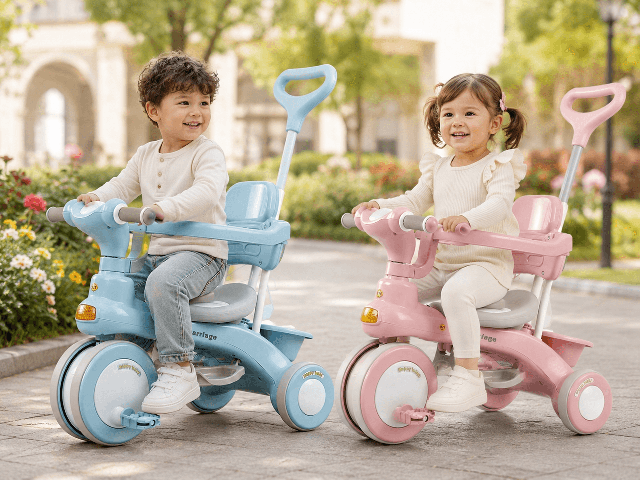 Рожевий триколісний велосипед Baby Carriage 588 / Велосипед з батьківською ручкою і кошиком/Велосипед-коляска