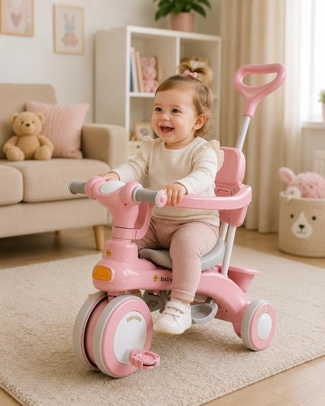 Рожевий триколісний велосипед Baby Carriage 588 / Велосипед з батьківською ручкою і кошиком/Велосипед-коляска