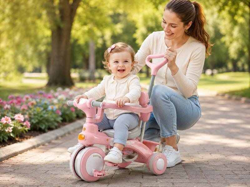 Рожевий триколісний велосипед Baby Carriage 588 / Велосипед з батьківською ручкою і кошиком/Велосипед-коляска