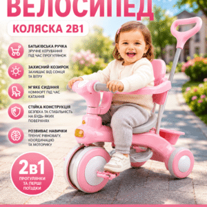 Рожевий триколісний велосипед Baby Carriage 588 / Велосипед з батьківською ручкою і кошиком/Велосипед-коляска
