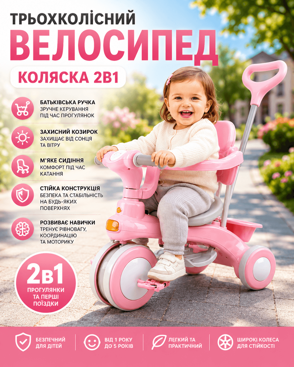 Рожевий триколісний велосипед Baby Carriage 588 / Велосипед з батьківською ручкою і кошиком/Велосипед-коляска