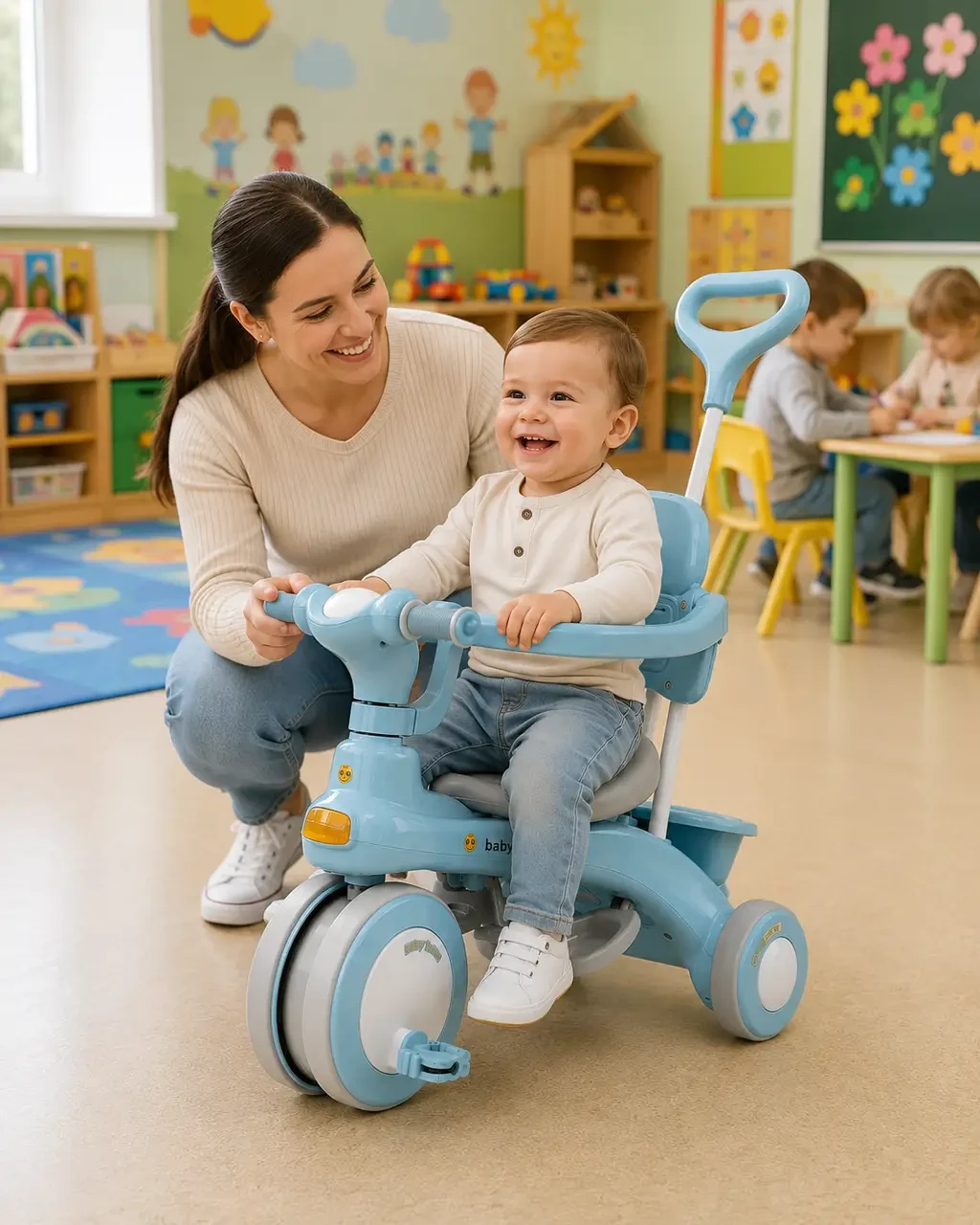 Блакитний Триколісний велосипед Baby Carriage 588 / Велосипед з батьківською ручкою і кошиком/Велосипед-коляска