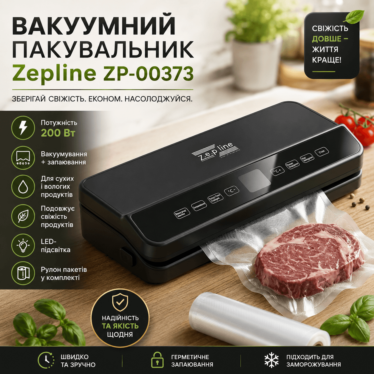 Вакуумний пакувальник для продуктів 200 Вт з LED-підсвіткою і рулоном пакетів, Zepline ZP-00373/ Кухонний вакууматор для м’яса