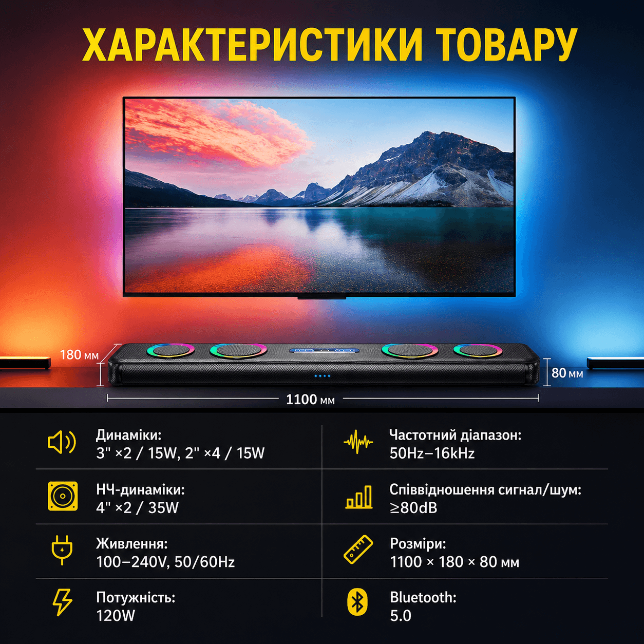 Саундбар Newsmy G68 160 Вт для телевізора з Bluetooth, HDMI, Dolby Digital, сабвуфером і підтримкою мікрофона