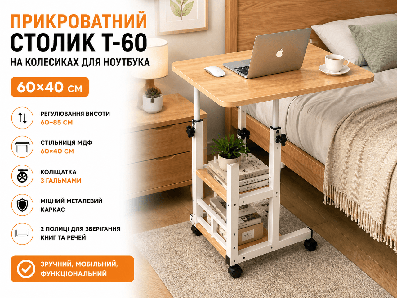 Комп’ютерний столик 60х40х60-85 см/Приліжковий стіл з регулюванням висоти/Поворотний столик для ноутбука (T-60) Світле дерево
