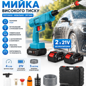 Акумуляторна мийка високого тиску + 2 акумулятори 21V, Синя/Атомобільна мінімийка/ Розпилювач пістолет