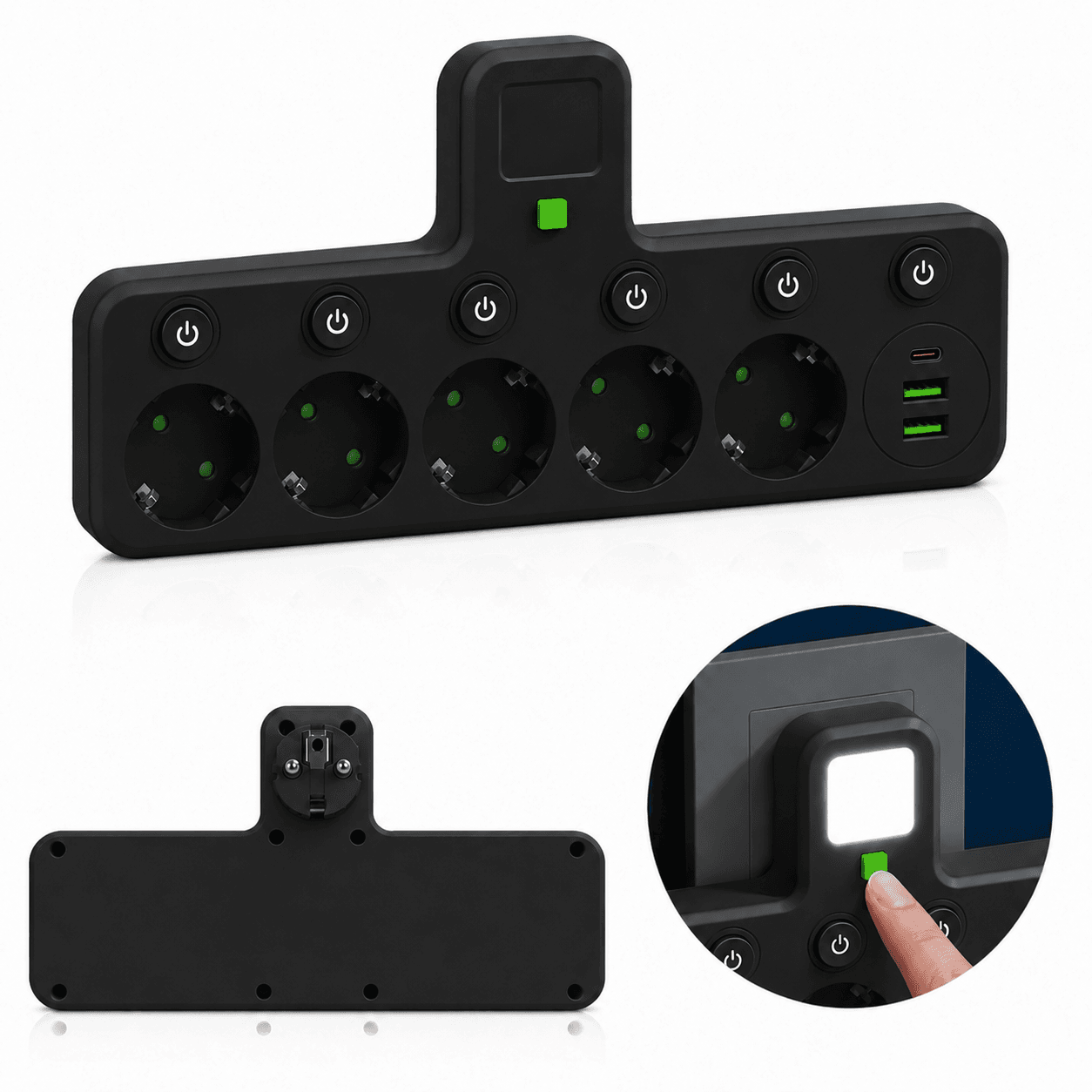Мережевий фільтр 5 розеток + USB/адаптер на 5 розеток + USB з індивідуальними кнопками та LED-підсвіткою Чорний