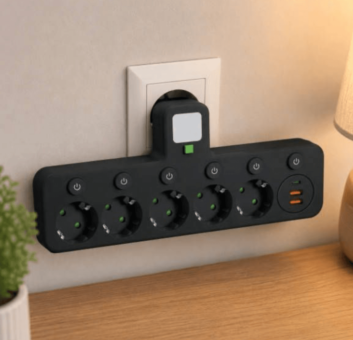 Мережевий фільтр 5 розеток + USB/адаптер на 5 розеток + USB з індивідуальними кнопками та LED-підсвіткою Чорний