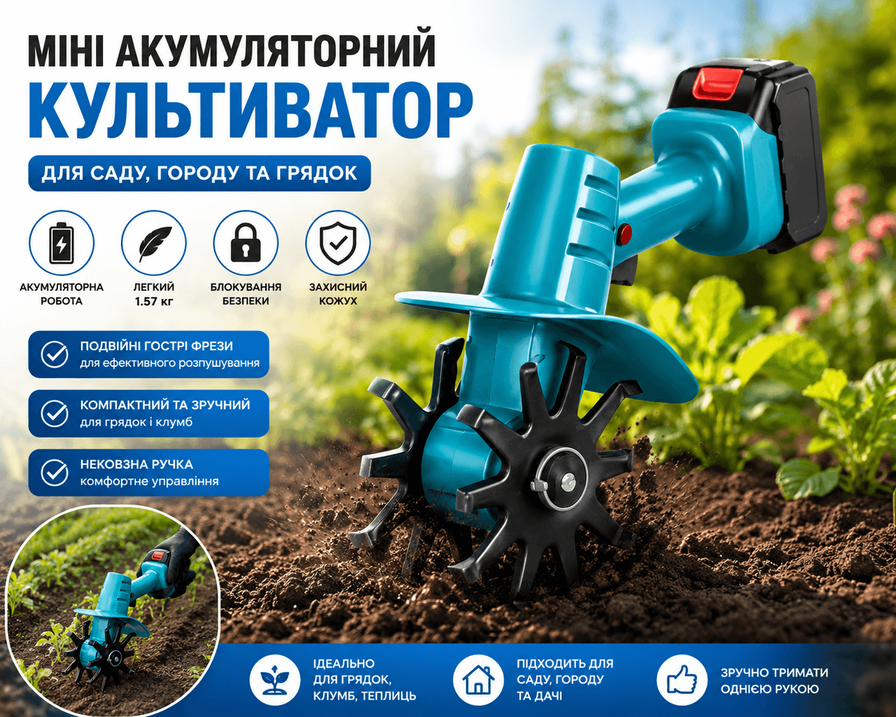 Культиватор міні акумуляторний синій для саду та грядок з подвійними фрезами, захисним кожухом і блокуванням безпеки