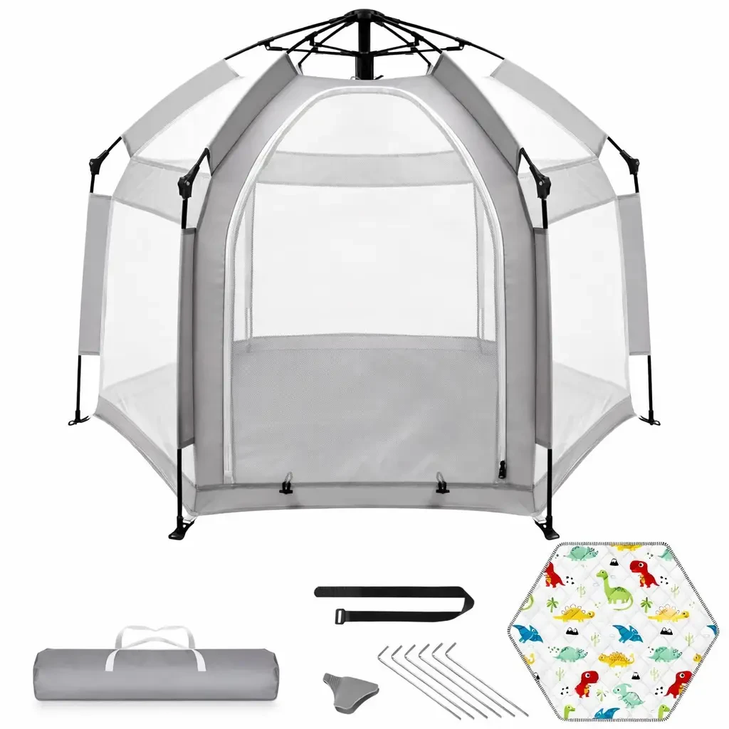 Манеж для безпечних ігор на вулиці 146х127х110 см сірий текстильний намет будиночок із сіткою та килимком для дитини