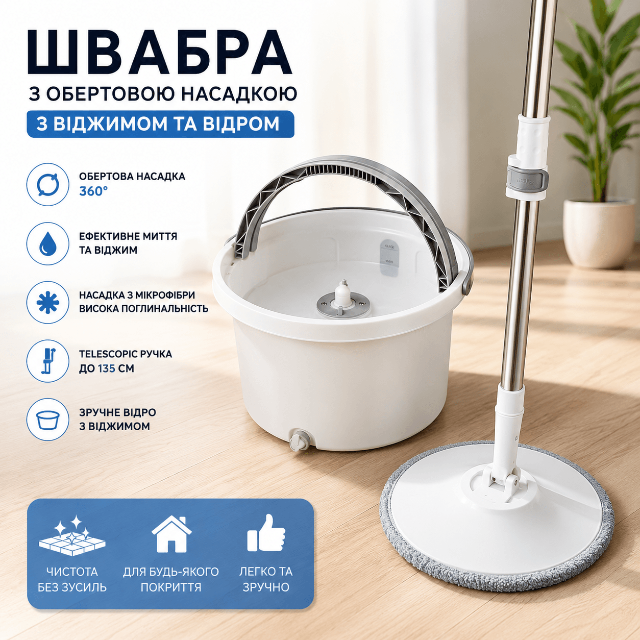 Швабра з обертовою насадкою для миття підлоги в комплекті з відром