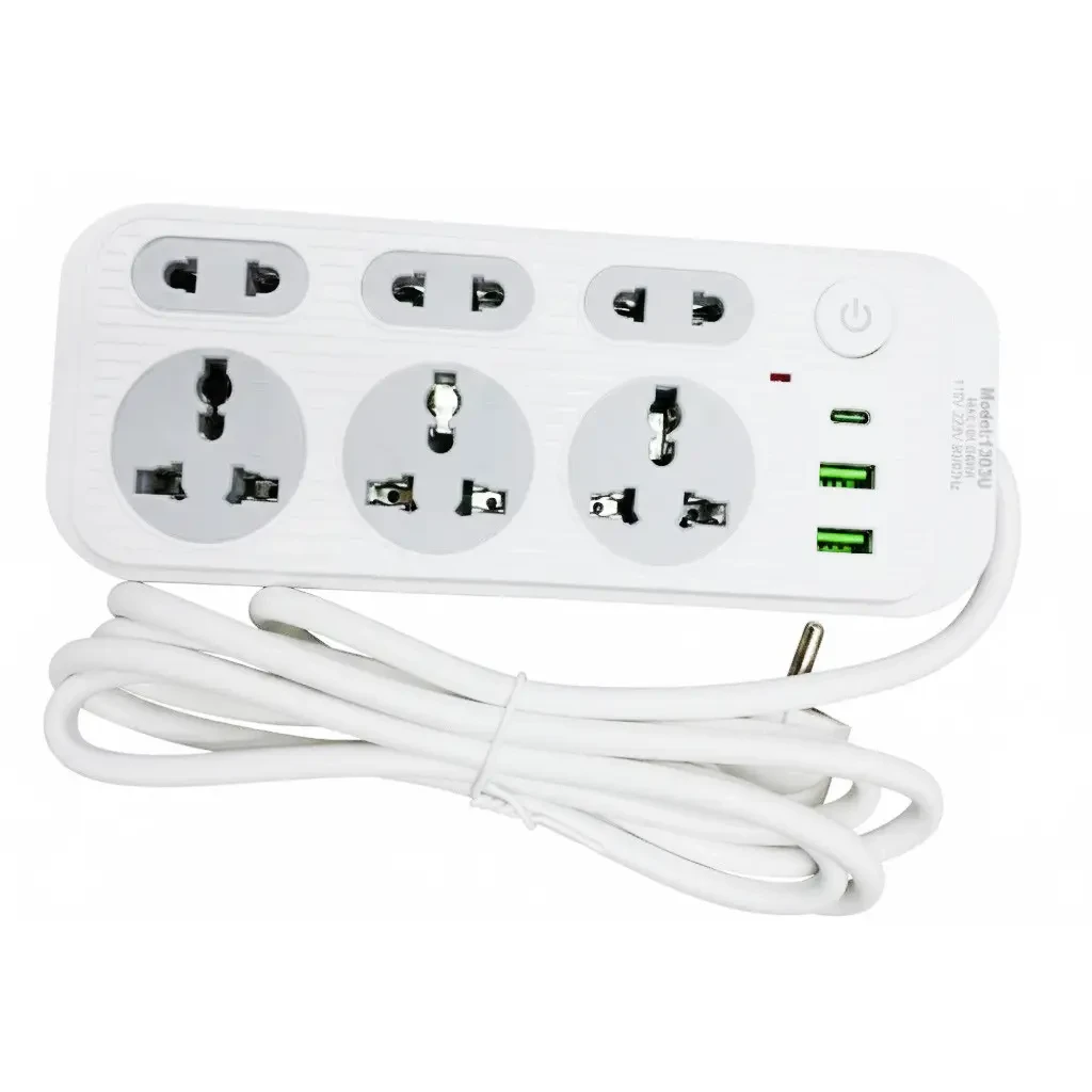 Мережевий фільтр подовжувач 2м, 2500Вт, 6×220В, 2хUSB, 1хType-C, WL-1, Білий / Мережевий подовжувач з вимикачем