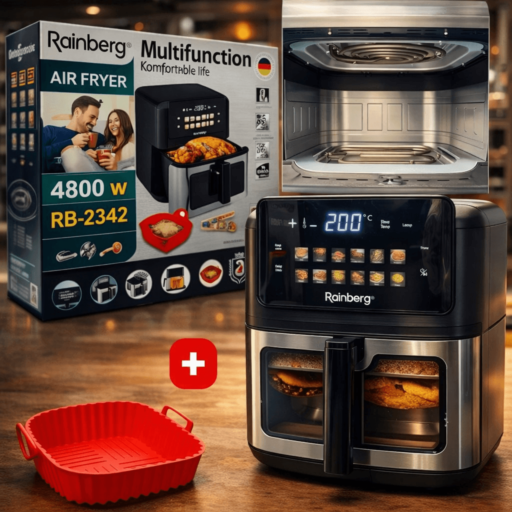 Аерогриль Rainberg RB 2342 4800W аерофрітюрниця безмасляна для приготування без олії з 2 Тенами 12,5 л та сенсорним керуванням