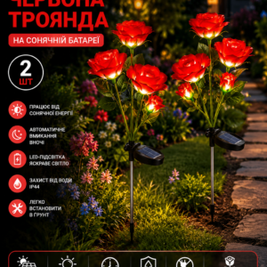 Садовий світильник 2шт «Червона Троянда» на сонячній батареї з LED-підсвіткою
