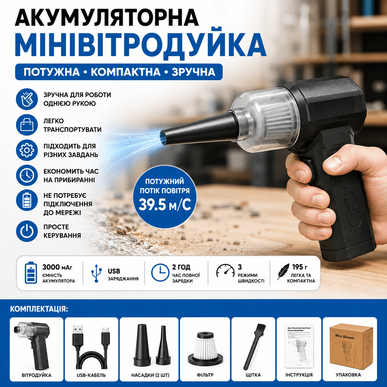Акумуляторна повітродувка Violent Fan 26X-190, Чорний / Мінівітродуйка / Ручна повітродувка / Портативний турбофен