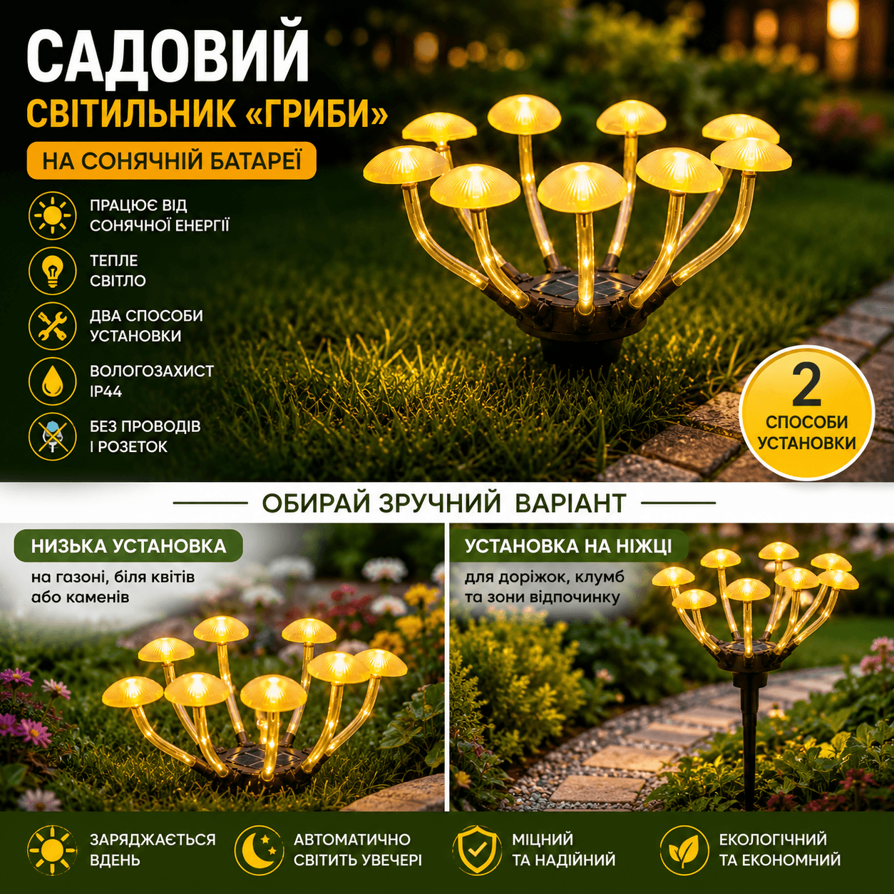 Вуличний світильник із датчиком освітлення у формі гриба/ Садовий світильник на сонячній батареї «Гриби» 26Х-75