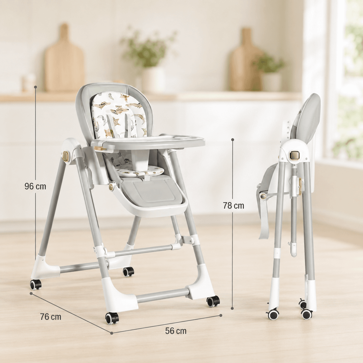 Стільчик для годування BabyChair з регульованою спинкою та столиком, шезлонг, колеса, складаний X-715 / Стільчик-шезлонг для годув
