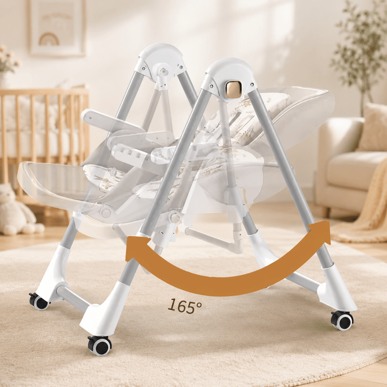 Стільчик для годування BabyChair з регульованою спинкою та столиком, шезлонг, колеса, складаний X-715 / Стільчик-шезлонг для годув