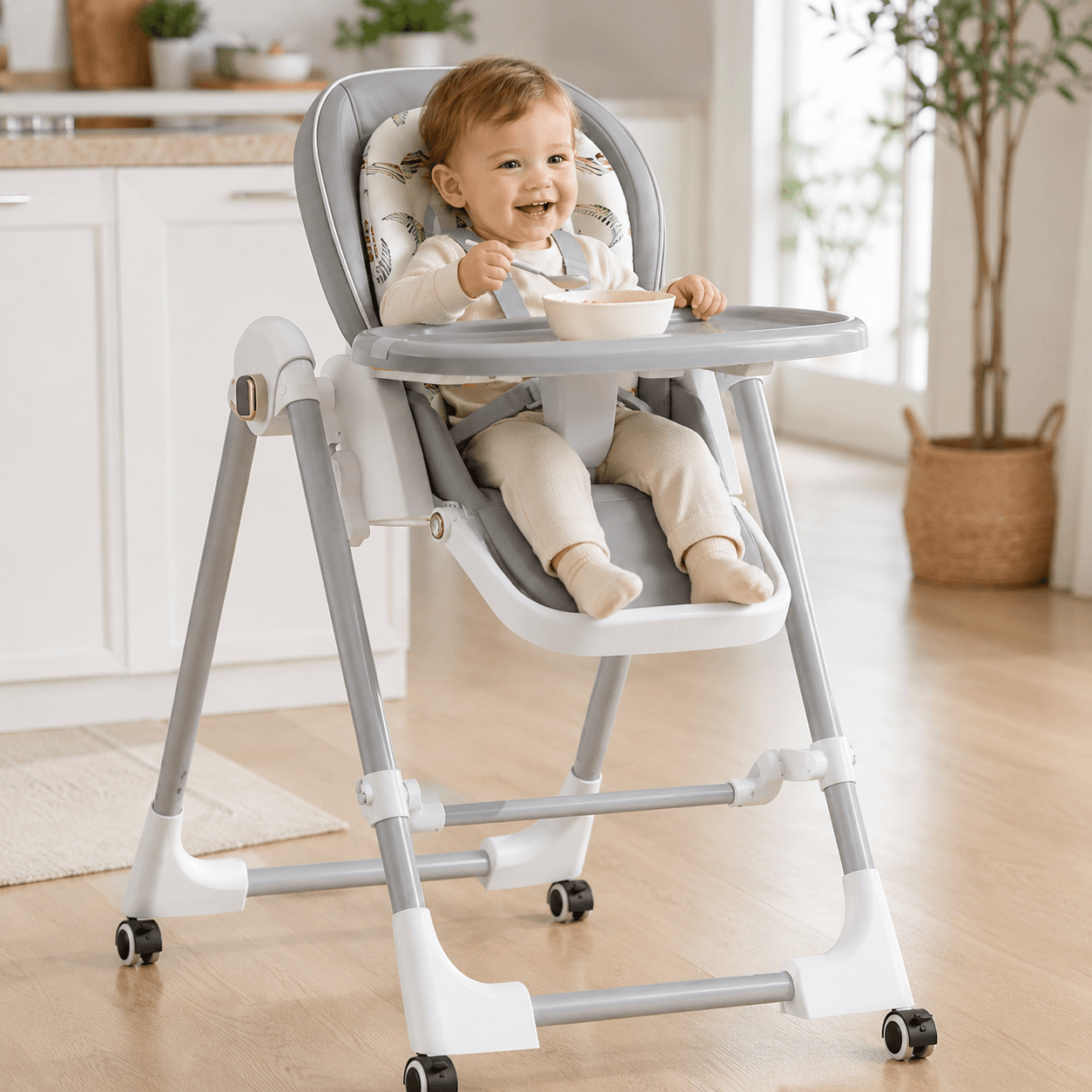 Стільчик для годування BabyChair з регульованою спинкою та столиком, шезлонг, колеса, складаний X-715 / Стільчик-шезлонг для годув