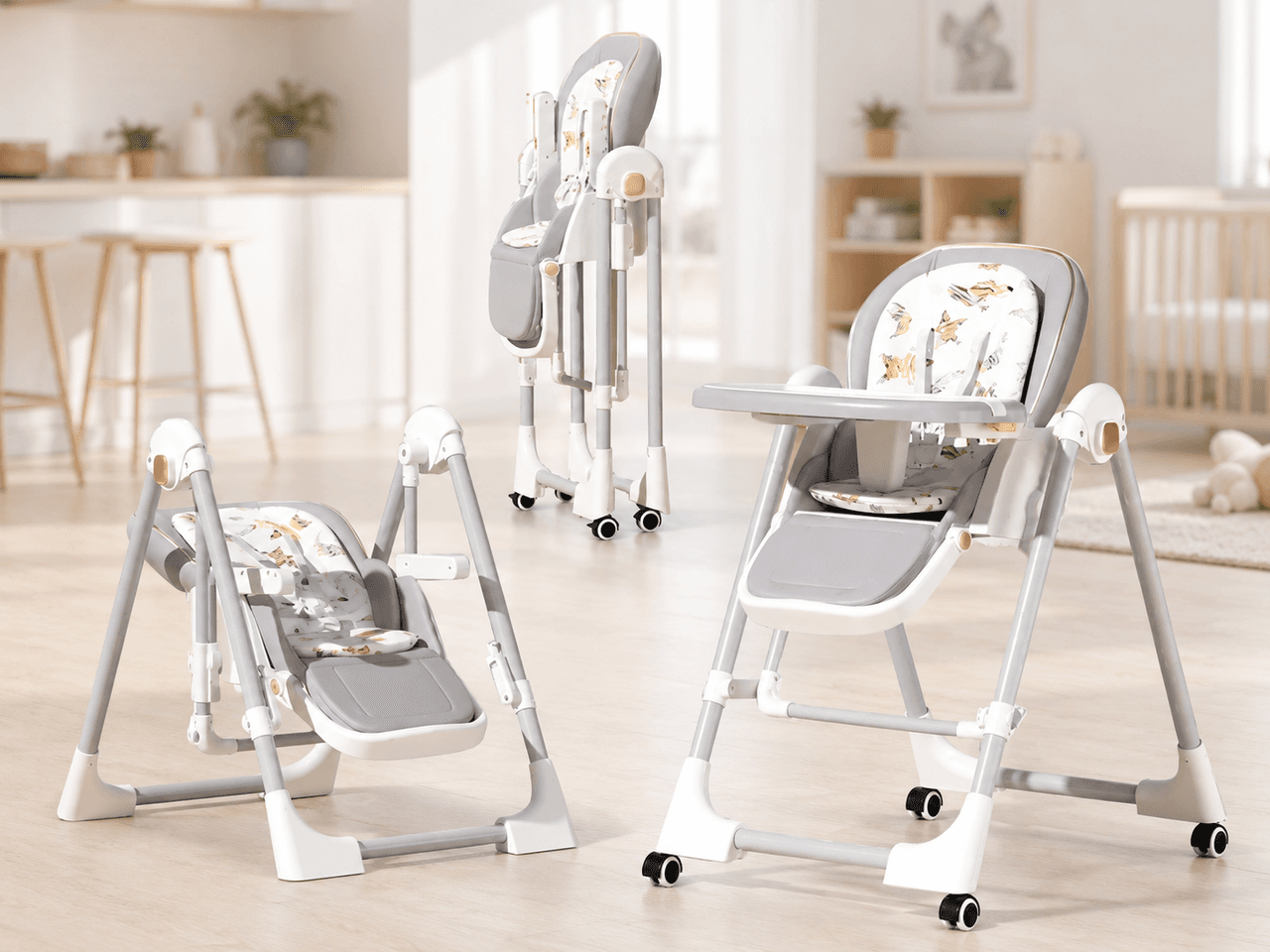 Стільчик для годування BabyChair з регульованою спинкою та столиком, шезлонг, колеса, складаний X-715 / Стільчик-шезлонг для годув