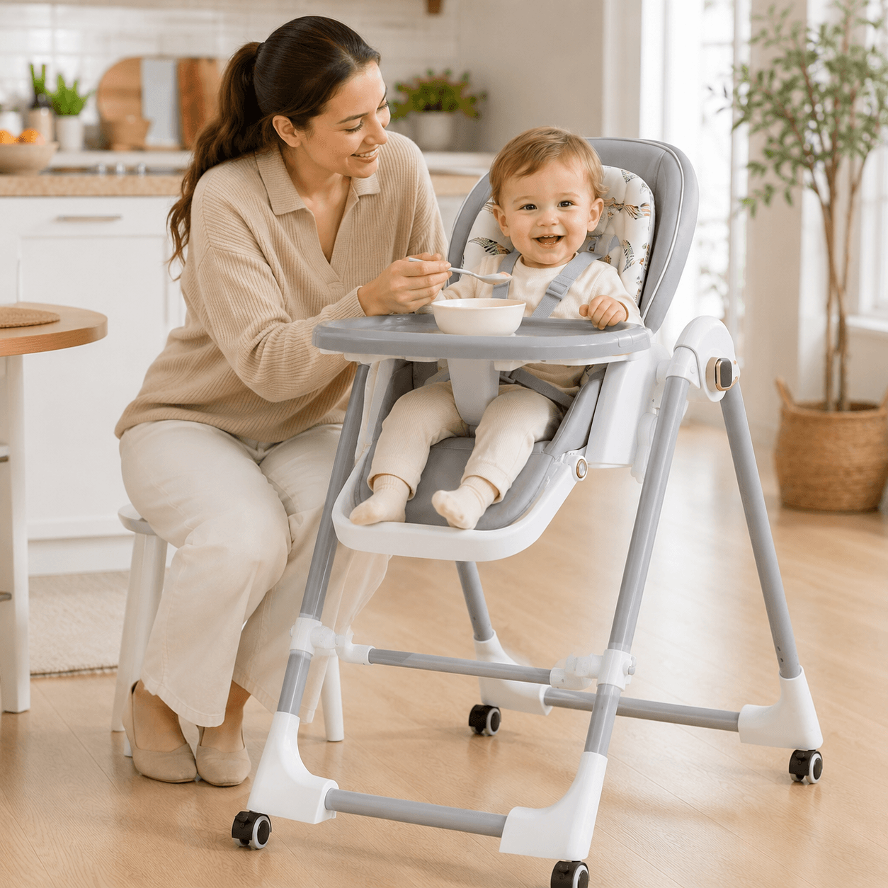 Стільчик для годування BabyChair з регульованою спинкою та столиком, шезлонг, колеса, складаний X-715 / Стільчик-шезлонг для годув