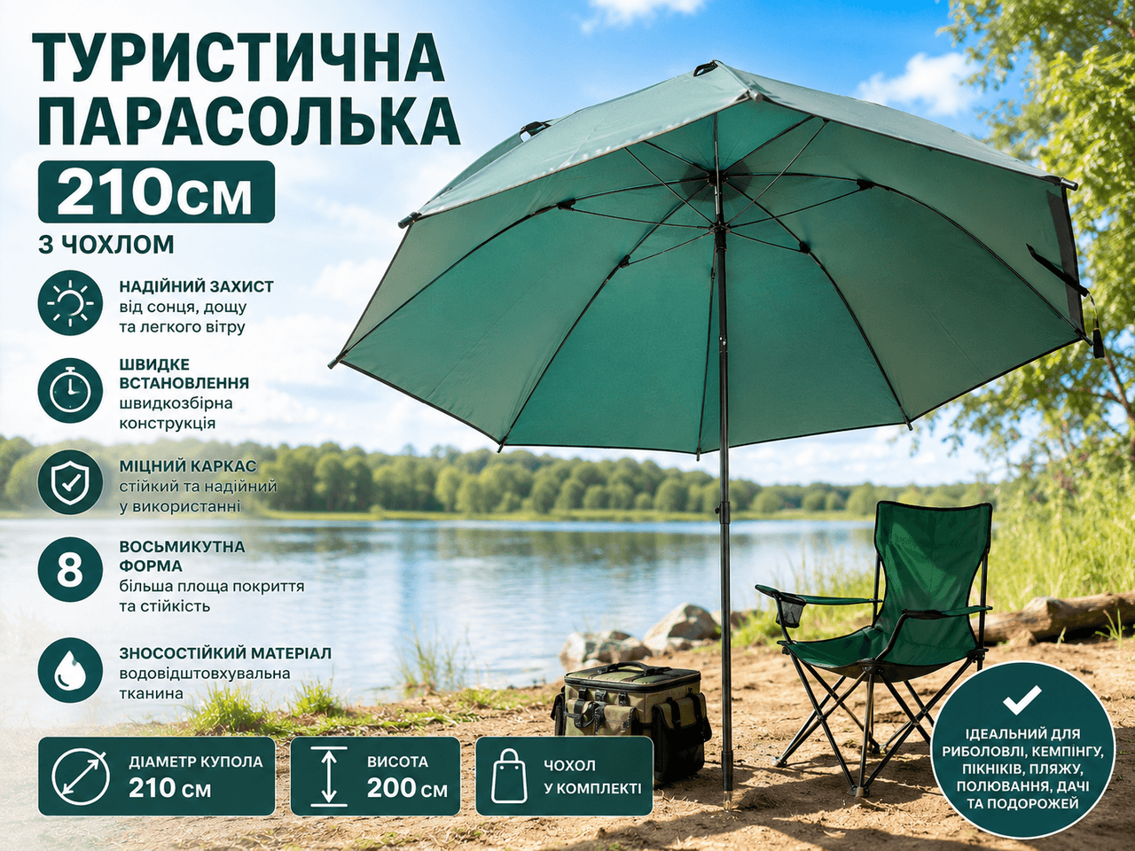 Туристична Зелена парасолька 210 см із чохлом Пляжна парасолька восьмикутна зі зносостійкої водовідштовхувальної тканини