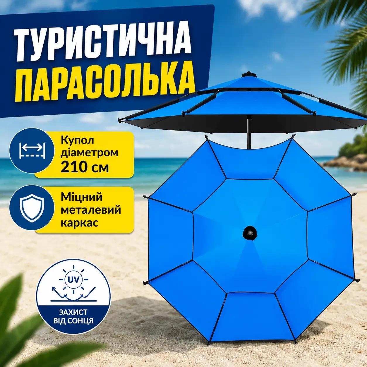 Пляжна Синя парасолька діаметр 2.1 м із міцним каркасом Риболовна восьмикутна парасолька зі зносостійкого матеріалу з чохлом