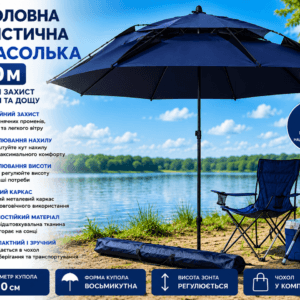 Парасолька для риболовлі та кемпінгу 210 см із чохлом темно-синя | Туристична восьмикутна парасолька від сонця й дощу